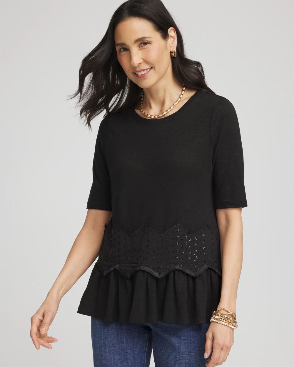 Chevron Sequin Peplum Linen Tee | Chico's